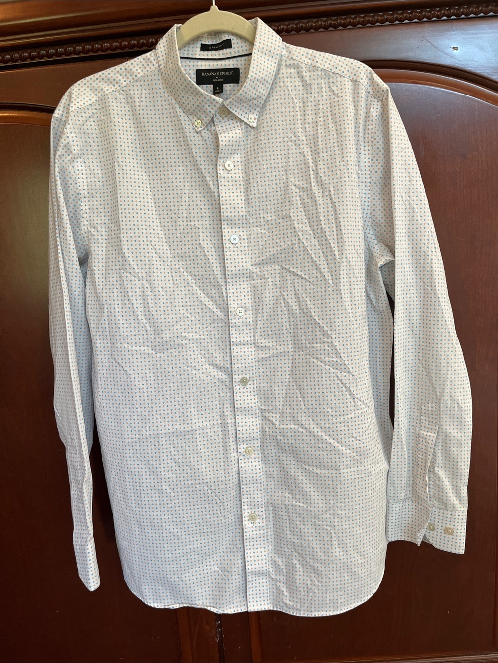 Banana Republic Men’s White Button-Down Shirt with Small Blue Dot Print